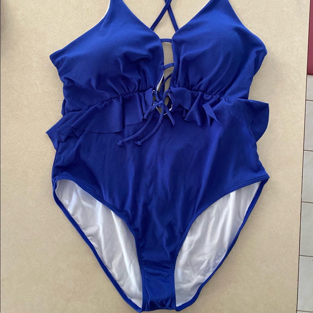 Plus Plain Rib Frill One Piece Swimsuit 3XL SHEIN